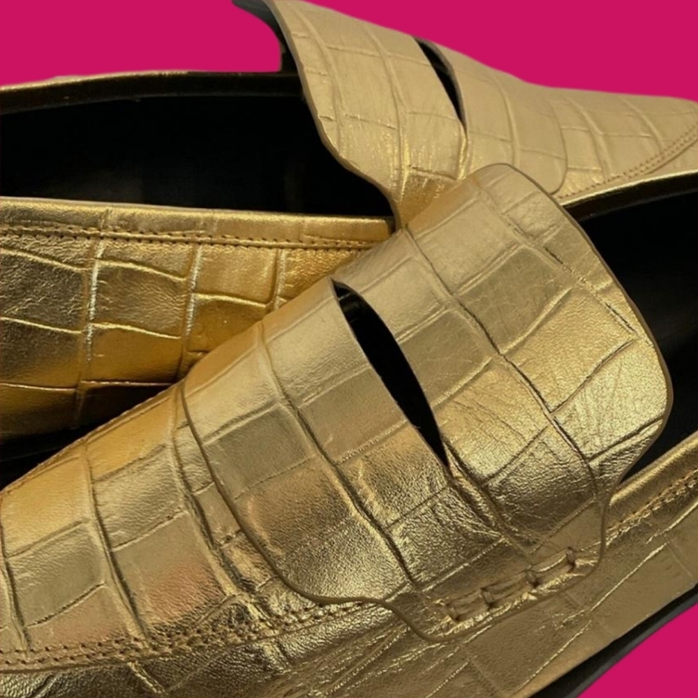 REBECCA MINKOFF Pacey Gold Penny Loafer Leather Croc Embossed Women's Size 8.5 - Picture 6 of 13